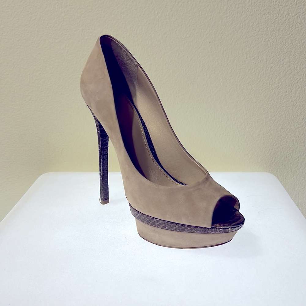 B Brian Atwood suede peep toe platform, comes with box and dust bag.